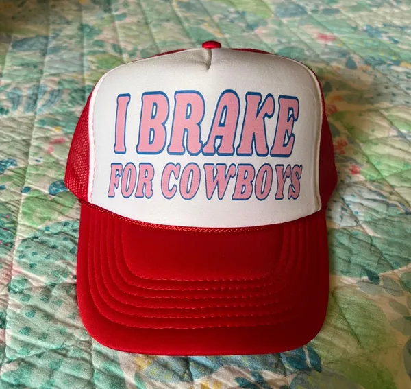 I Brake For Cowboys Trucker Hat Red - Image 3