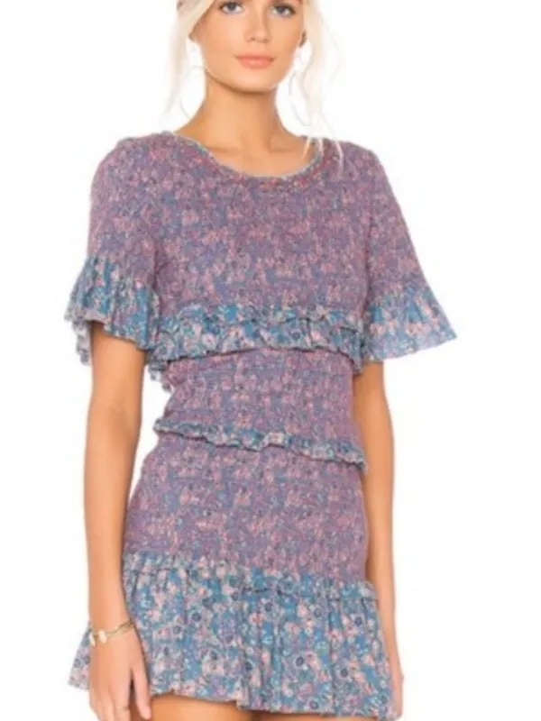 LoveShackFancy Aveline Pink Floral Ruched Ruffle Mini Dress - Image 5