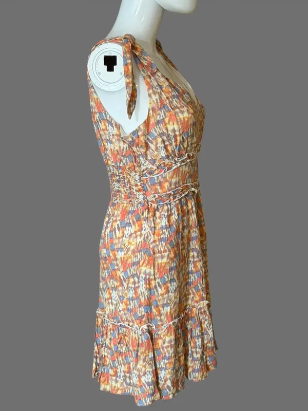 Gypsies & Moondust Tie-Shoulder Mini Dress in Orange, Blue & Cream - Image 3