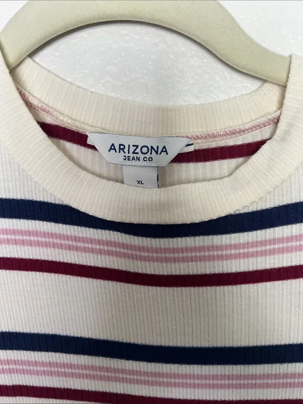 EUC Arizona Striped Long-Sleeve Knit Dress - Cream with Navy & Burgundy Stripes - Image 2
