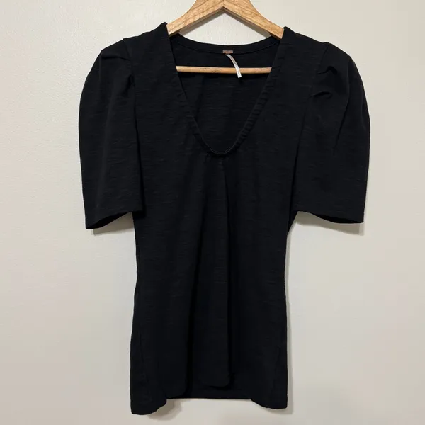 Free People Ellery Puff 3/4 Sleeve V Neck Top Size Large Black - Image 2