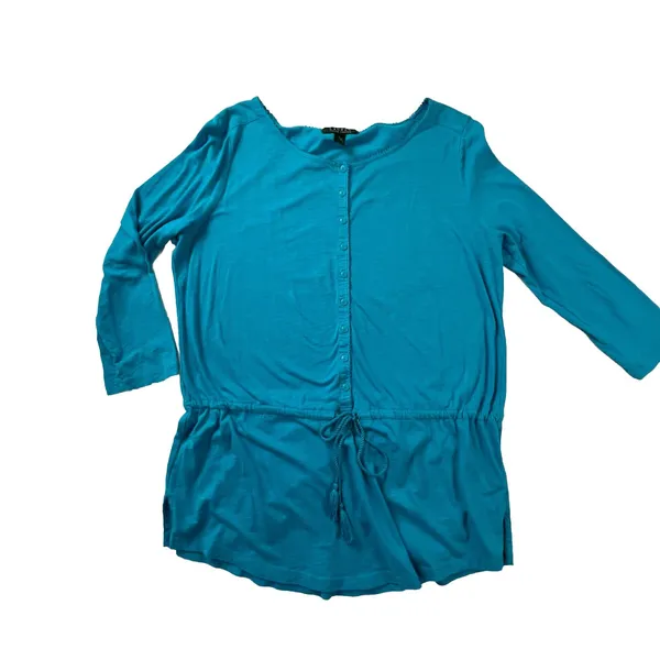 Lauren Ralph Lauren Knit Top Women Large Blue Drawstring Waist Tassel 3/4 Sleeve - Image 2