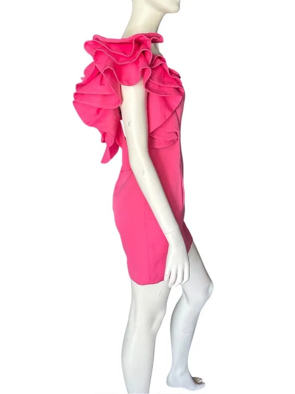 DO + BE One Shoulder Ruffle Bodycon Mini Dress Hot Doll Pink Size Medium NWT - Image 4