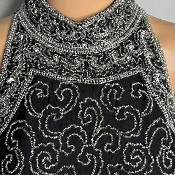 Vintage 1980s Papell Boutique Black Silver Beaded Silk Evening Top Small - Image 14