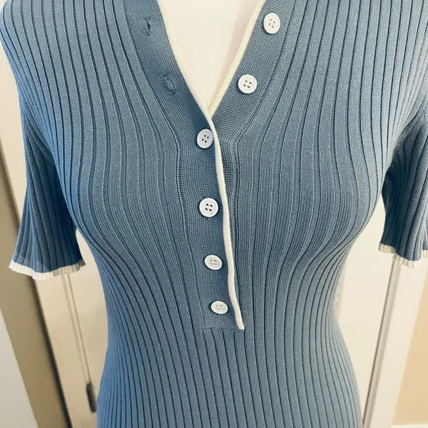 MEROKEETY Women's V Neck Ribbed Knit Midi Dress Short Sleeve Button Small - Image 6