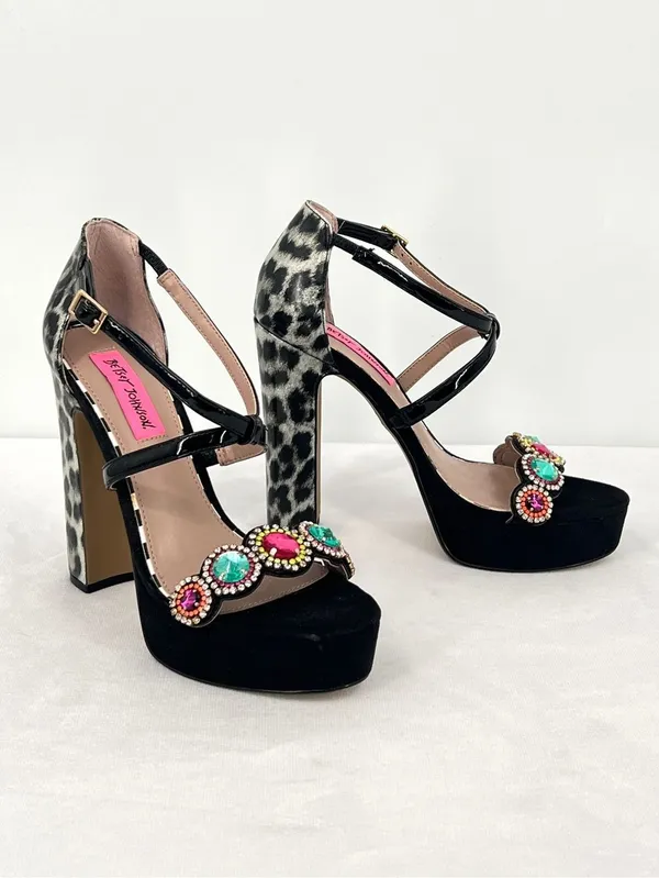Betsey Johnson Sainte Black Silver Leopard Rhinestone Platform 5” High Heels 7.5 - Image 10