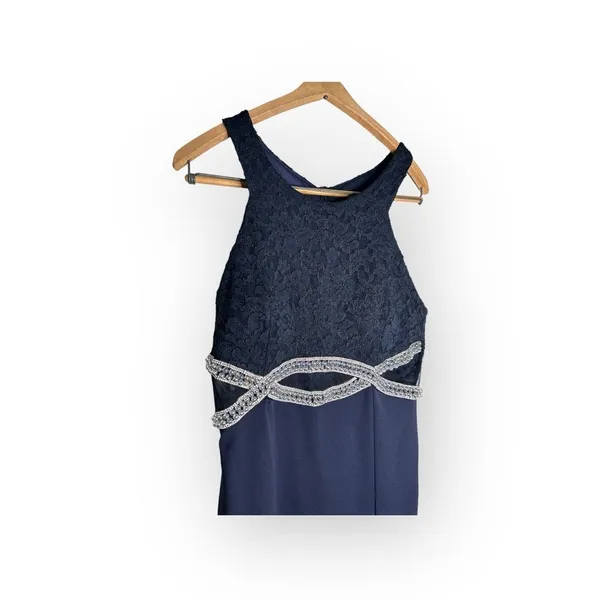 Women's blue halter‎ Lace Top maxi Bodycon dress Size (M) Sleeveless - Image 4