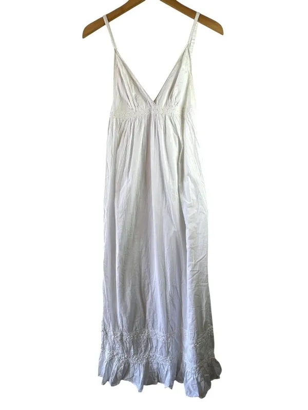 Saint Tropez White Cotton Boho Maxi Dress Lace Trim Strappy Lined Size M - Image 2