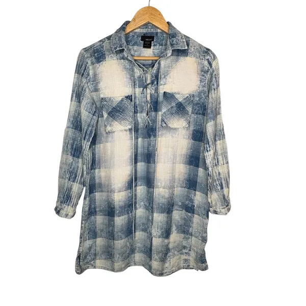 Wet Seal‎ Plaid Lace Up Tunic Womens Medium Blue Distressed Roll Tab Sleeve - Image 2