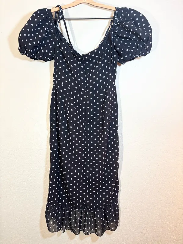 Pretty Little Thing Black Polka Dot Puff Sleeve Off Shoulder Midi Dress Size 6 - Image 5