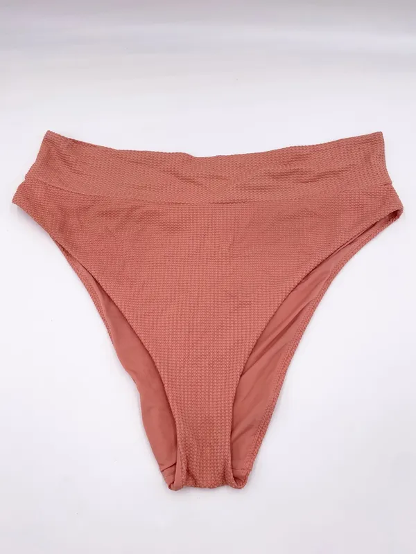 Aerie Scoop Neck High Cut Cheeky Bikini Set Size XL Salmon Pink Textured Knit - Image 6
