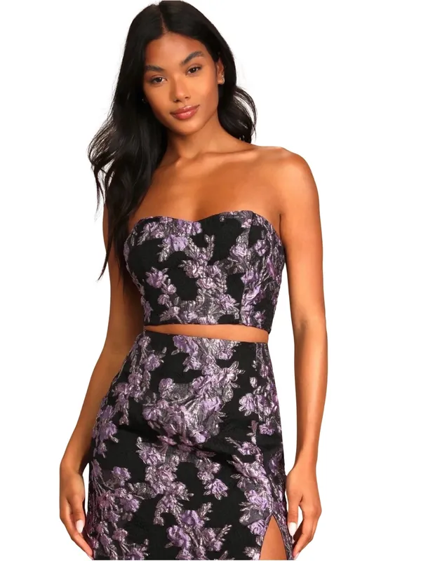 Lulus NWT two piece invite list Floral Jacquard dark romance gothic glam dress M - Image 3