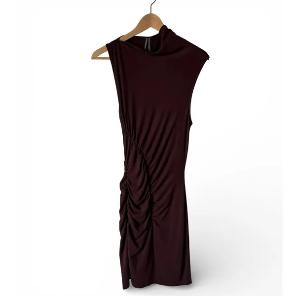 Anthropologie Brown Ruched Mock-Neck Knit Asymmetrical Dress Women's Small NWT - Image 2