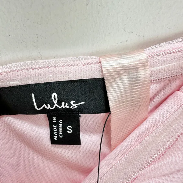 Lulus Delightful Beauty Pink Mesh Strapless Ruched Ruffled Maxi Dress Small NWT - Image 9