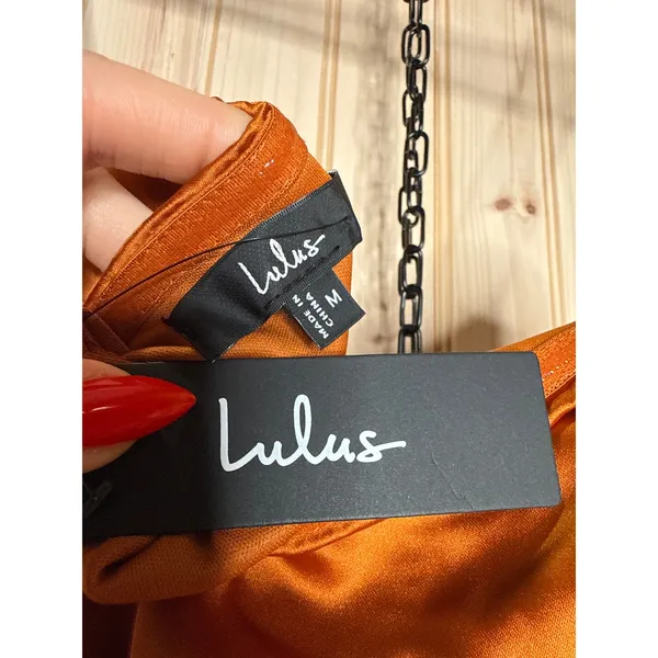 NWT Lulus Memorable Entrance Rust Orange Strapless Satin Maxi Dress Bridesmaid M - Image 6