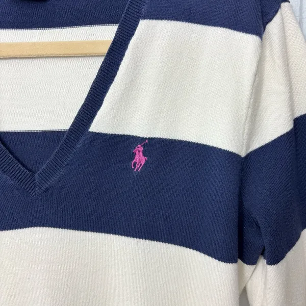 Ralph Lauren Sport Cotton‎ Women's Sweater in Navy and Cream Stripes Size L - Image 3