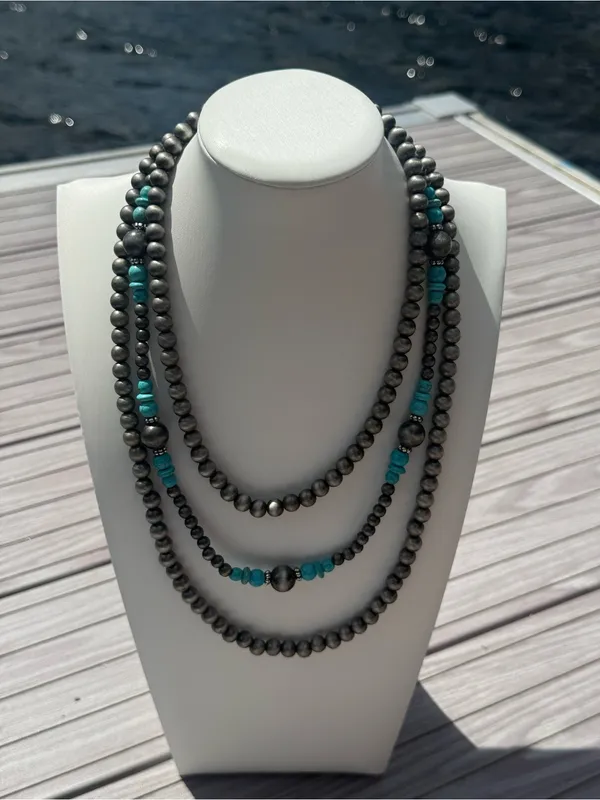 Western Multi-Strand Navajo Pearl Turquoise Stacked Statement Necklace - Image 3