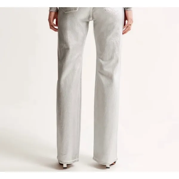 Abercrombie & Fitch Metallic Silver 90s‎ High Rise Straight Leg Coated jeans 14R - Image 2