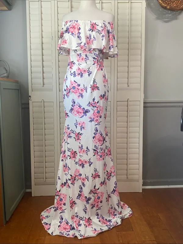 White Maxi Dress with Pink and Purple Floral Print - Image 3