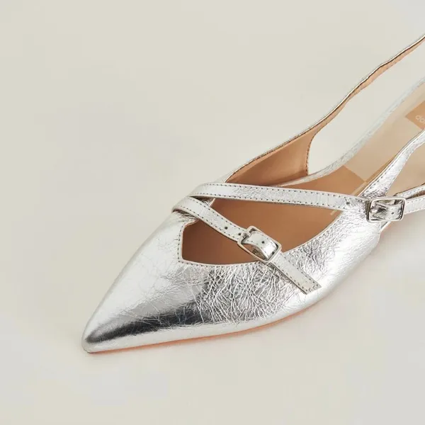 NEW Dolce Vita Pamla Sling Back Metallic Leather Flats Shoes Silver US 8.5 - Image 2