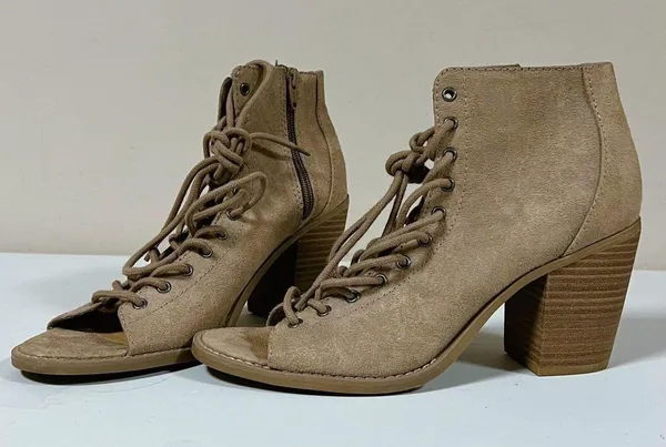Beige Tan Suede Lace-Up Open-Toe Heels Pumps Sandals Shoes Size 9 🤎✨ - Image 3