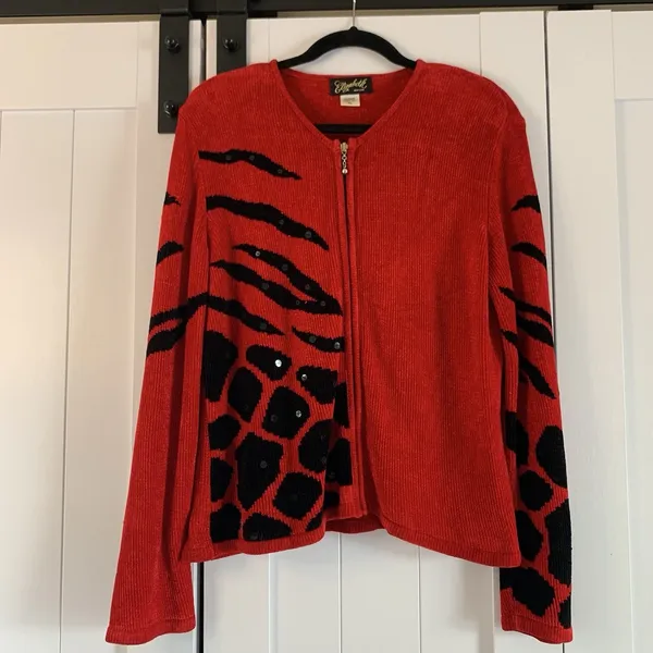 Elizabeth New York Cardigan XL Red Black Animal Print Chenille Studded - Image 4