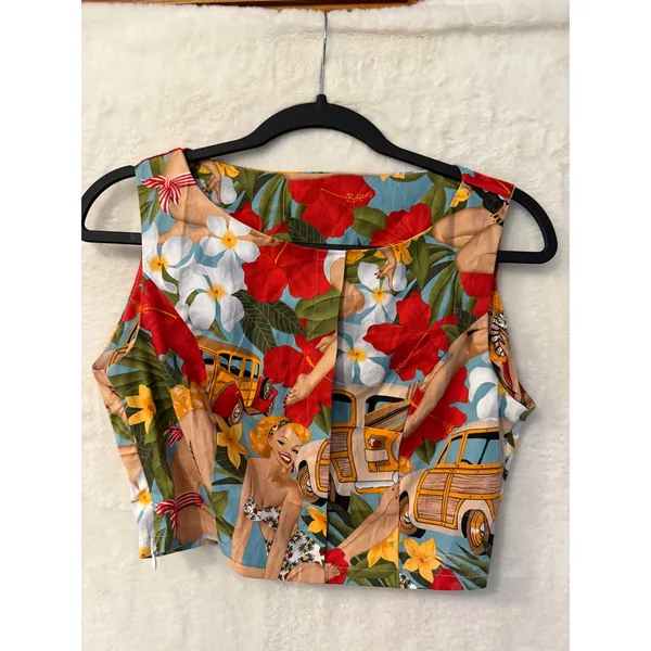 Vintage Pin Up Girl Tropical Crop Top Women Small Sleeveless Rockabilly Hawaiian - Image 6