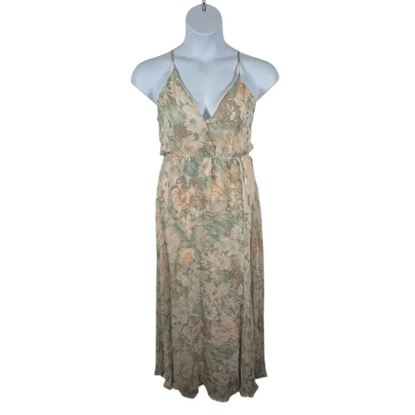 Romantic Floral Open Back Maxi Dress Peach Green Cream NWT M - Image 3