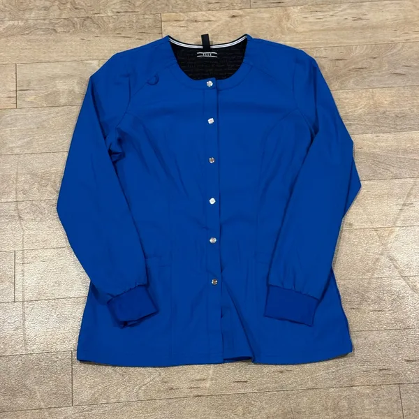 Elle Snap Front Warm Up Scrubs Jacket Blue Size Small - Image 2