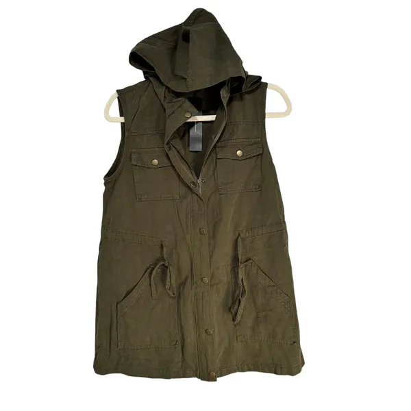 Allegra K Womens Olive Green Hooded Utility Vest‎ Cotton Drawstring Waist Small - Image 2