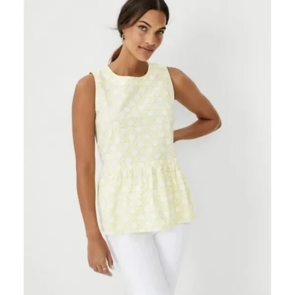 Ann Taylor Rattan Peplum Top Lemon Twist Yellow White Tie Back Bow Preppy Size M - Image 2