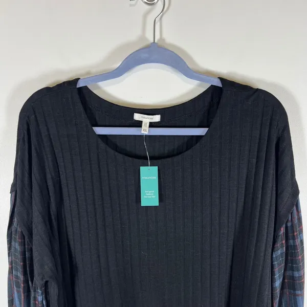 Maurices Womens XXL Black Ribbed‎ Plaid Mixed Media Babydoll Top NWT Grunge - Image 2
