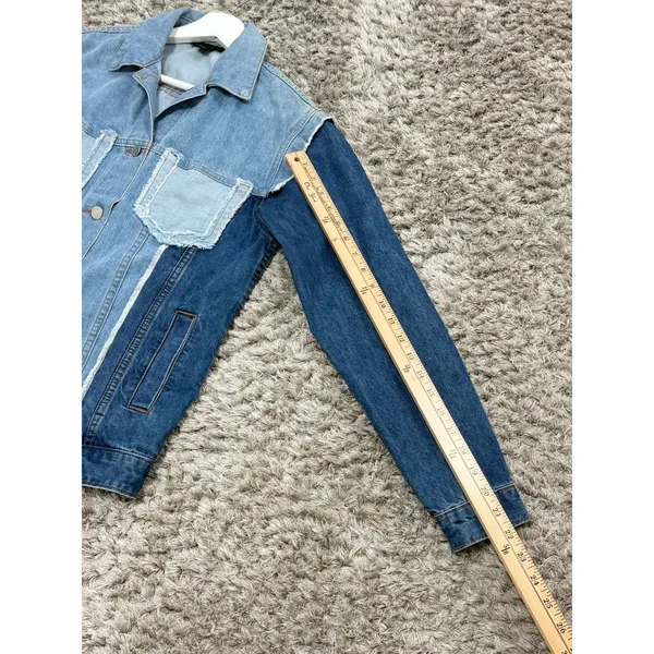 RD Style Womens Size XS Patchwork Denim Jacket Two Tone Blue Raw Hem Distressed - Image 13
