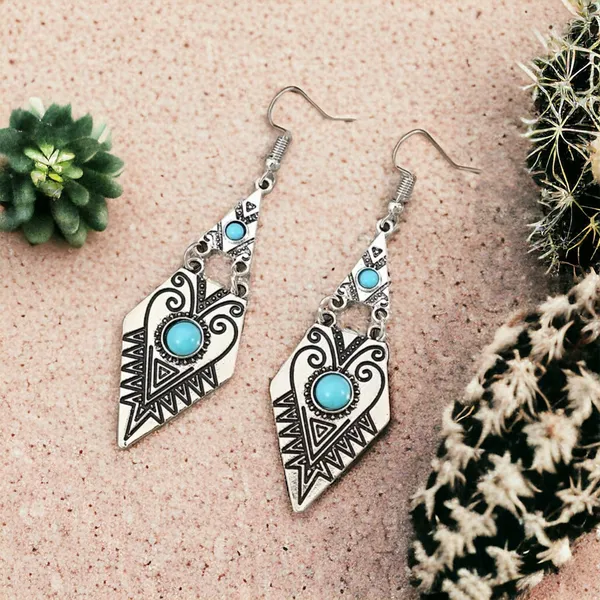 Carved Geometric Shape With Turquoise Decor Dangle Earrings Retro Bohemian Style - Image 5