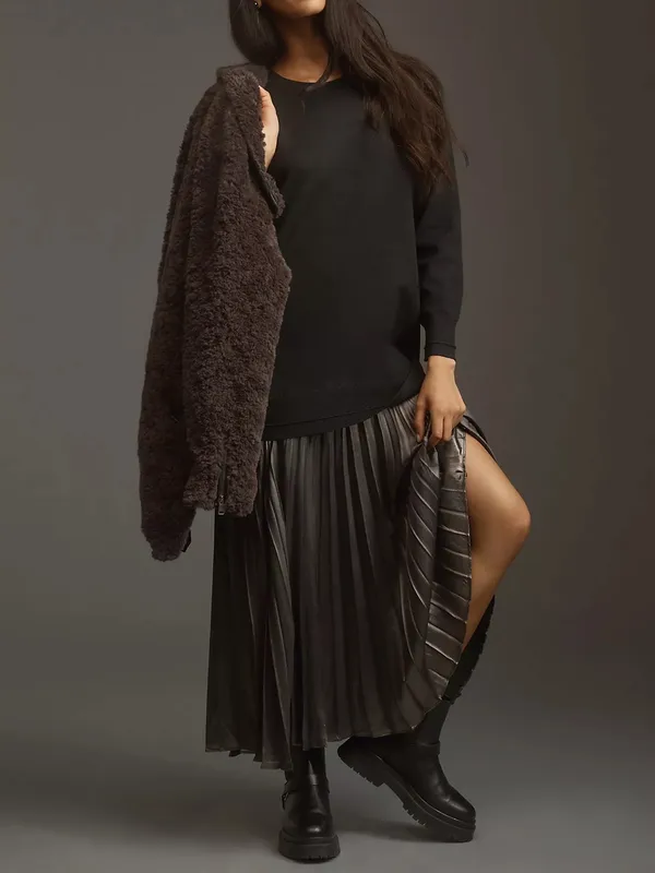 Anthropologie Women’s Twofer Black Knit Oversized Sweater Pleated Midi Dress S - Image 12