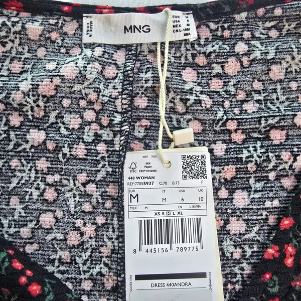 Mango‎ MNG NWT Floral Ruffle Shoulder V-Neck Mini Dress Black Red Size Medium - Image 5