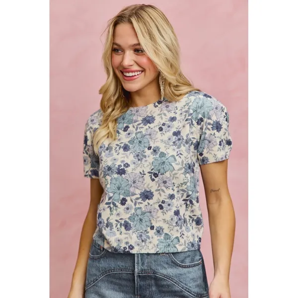 SO ME Floral Print Short Sleeves Sweater Knit Top - Blue - XL - Image 10
