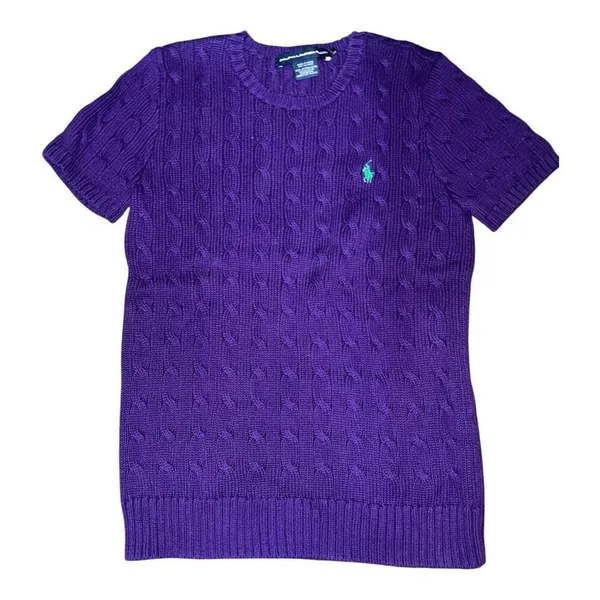 ✨Ralph Lauren Sport Women's Cable-Knit Cotton Short-Sleeve Purple Sz L Sweater✨ - Image 5