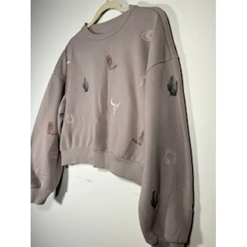 Western‎ Embroidered Cropped Sweatshirt Large Taupe Pullover Cowgirl Boho Rodeo - Image 2
