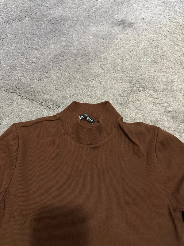 Zara Brown Ribbed Mockneck Tee - Image 2