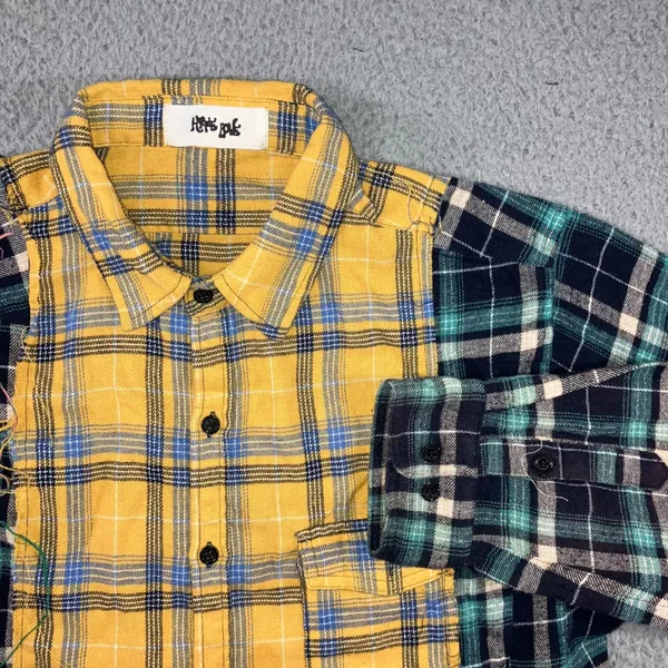 Patchwork Flannel Shirt Women L Cropped Colorblock Plaid‎ Grunge Punk Raw Hem - Image 2