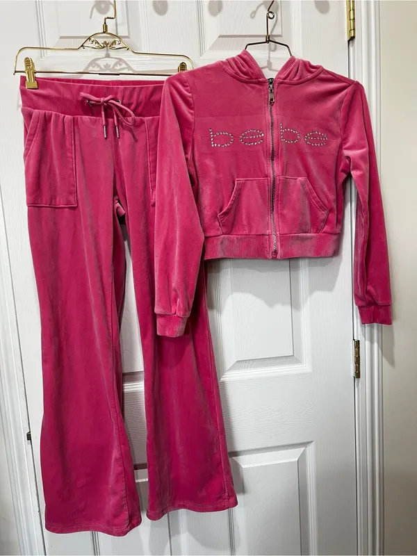 Bebe Pink Velour Tracksuit Size Small Pink Taffy Plush Zip Up Set Jacket & Pants - Image 11