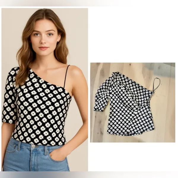 Anthropologie Eva Franco NWT Small One Shoulder Jacquard Daisy Floral Top - Image 2