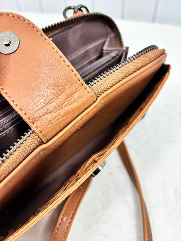 LAVAWA Tooled Brown Leather Crossbody Wallet with Turquoise Accent - Image 10
