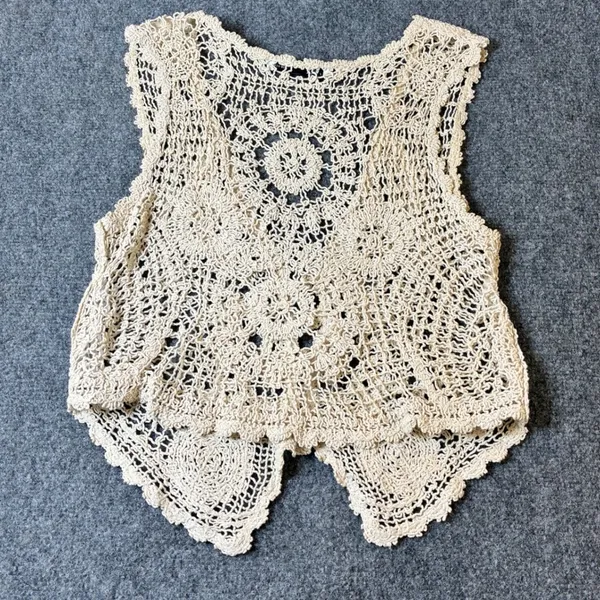 Zara Crochet Vest Women Size S Cream Boho Lace Button‎ Front Openwork Medallion - Image 3