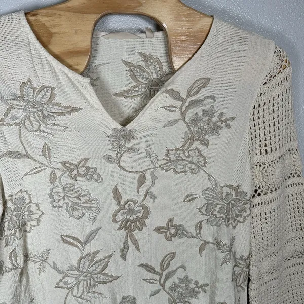 Soft Surroundings XL Ivory Beige Floral Embroidered Crochet Knit Sleeves Coastal - Image 2