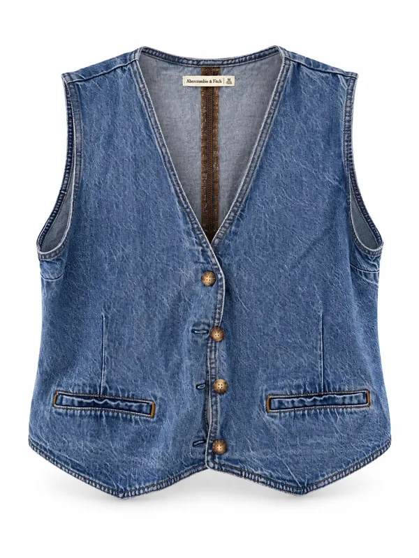 Abercrombie Fitch Denim Vest Button Front Curved Hem Blue XL - Image 2