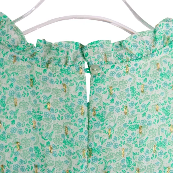 Joie Green Floral Babydoll Blouse with Gold Accents Short Sleeve Medium - Image 5