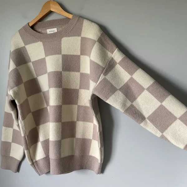 Bohme Boutique Knit Boho Sweater Crewneck Checkered Pattern Brown Cream Size Med - Image 3