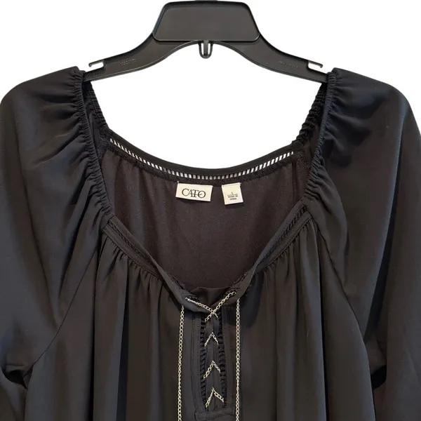Cato Black Long Sleeve Boho Sheer‎ Chain Detail V-Neck Neck Tunic Top L - Image 2
